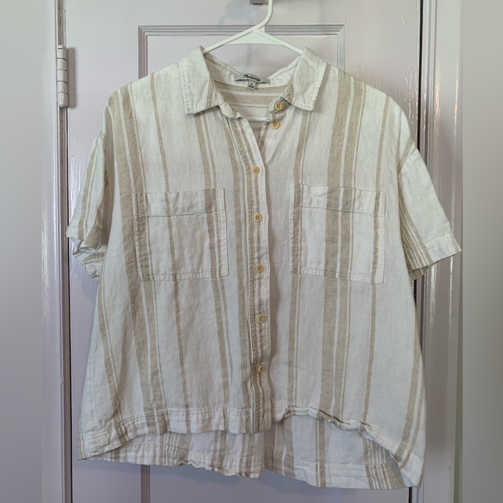 Madewell White Linen Cropped Button Down with Cream Stripes